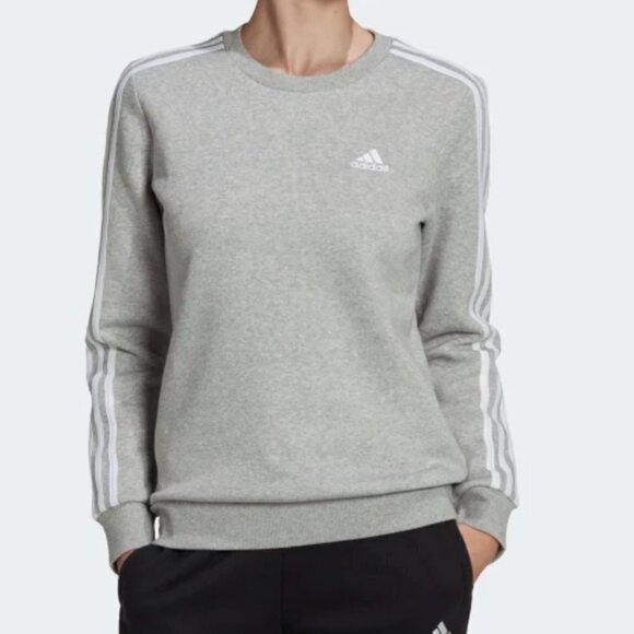 Adidas Essentials 3-Stripes Fleece Pullover Sweatshirt Medium Grey Heather - Picture 1 of 9